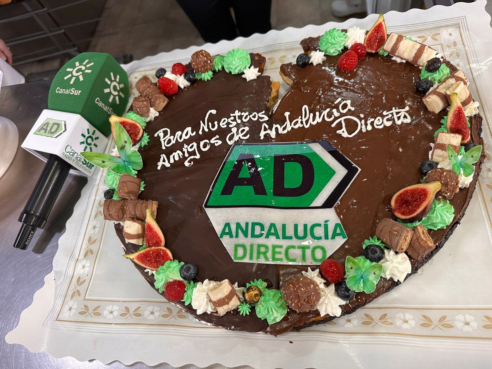 Palmera artesanal de gran tamaño cubierta de chocolate, decorada con frutas, dulces y logotipo de Andalucía Directo para una celebración o evento especial.