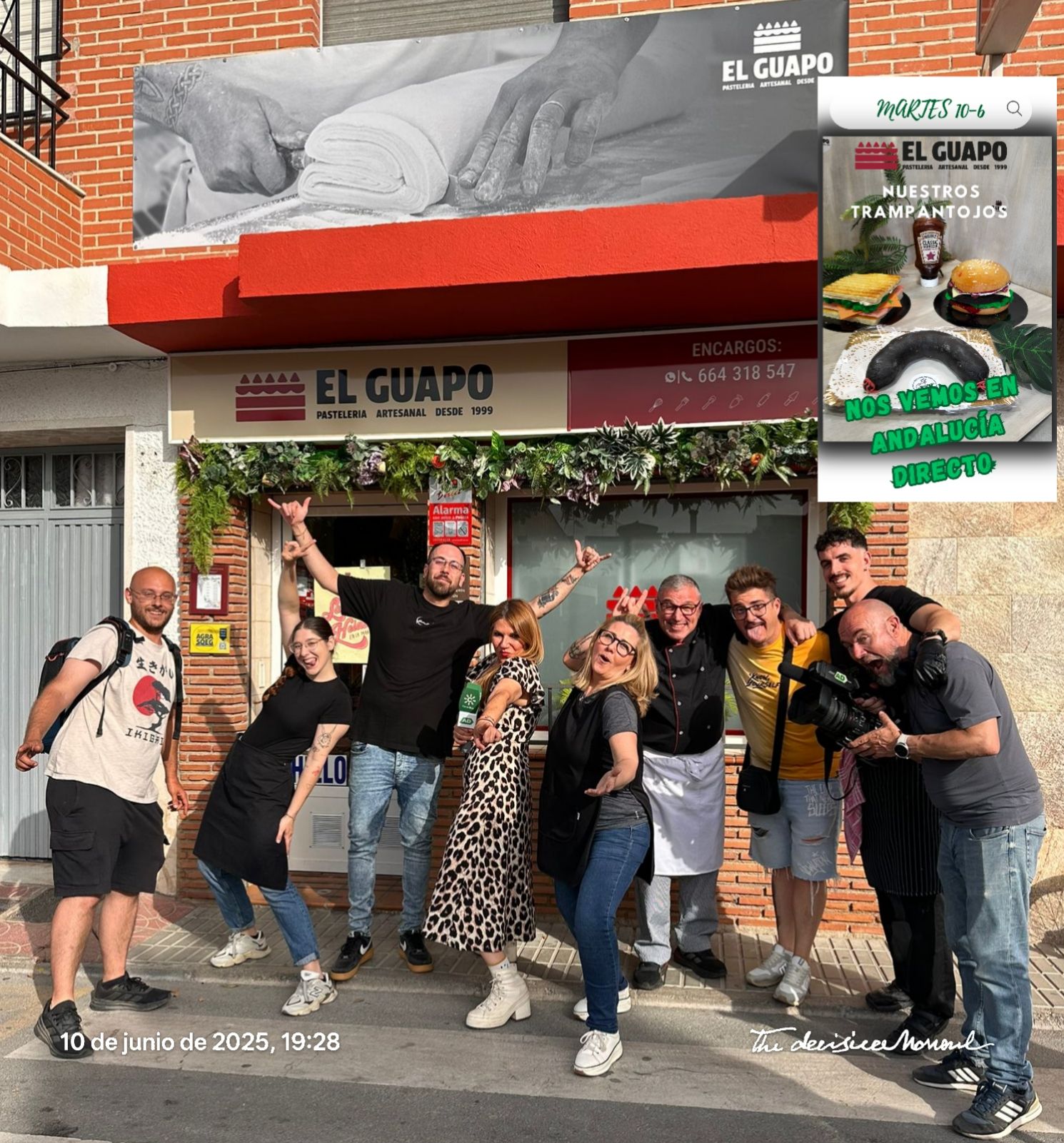 Equipo de Pastelería Artesanal El Guapo junto al equipo de Andalucía Directo durante una entrevista en Las Gabias